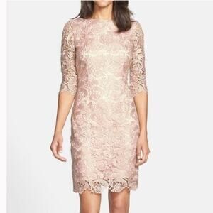 Eliza J Blush Pink Cream Lace Half Sleeve Bridal Sheath Short Mini Dress Size 6